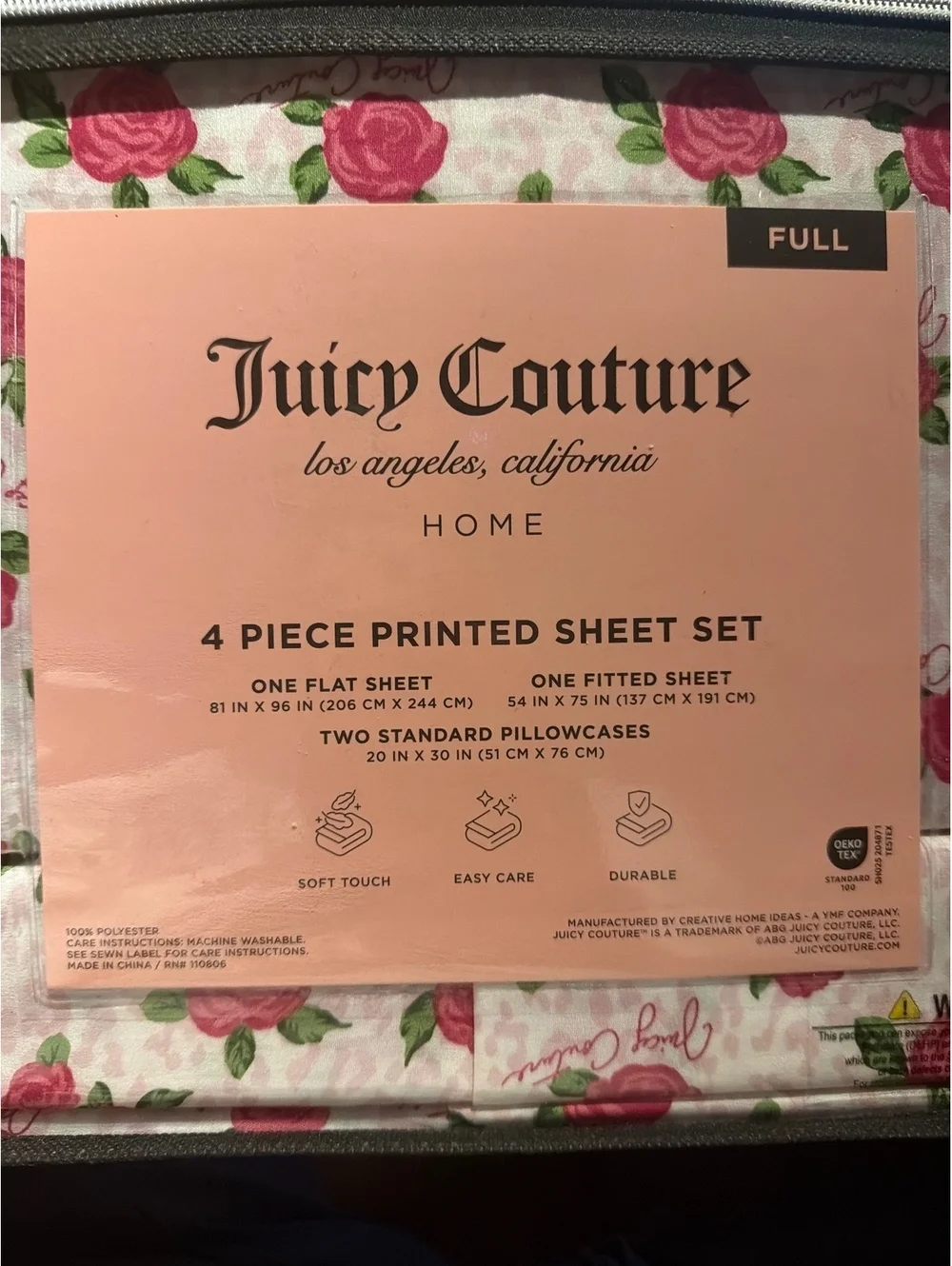 Juicy Couture Full 4-Piece Sheet Set – Pink Rose Floral Leopard Print – New